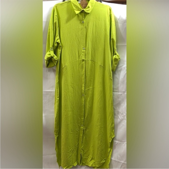 Women’s Long Sleeve Button Down Dress Shirt Lime Green W/ Side Slits Size Small - Picture 7 of 7